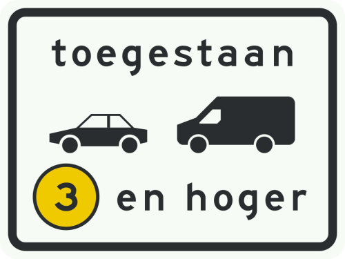 C22a1 Onderbord bij bord C22a milieuzone toegankelijk voor personen- en bedrijfsauto’s emissieklasse 3 tot en met 6
